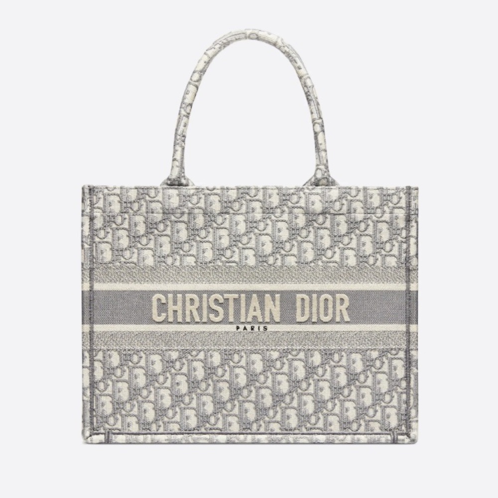 CHRISTIAN DIOR Gray Oblique Embroidery Medium Book Tote